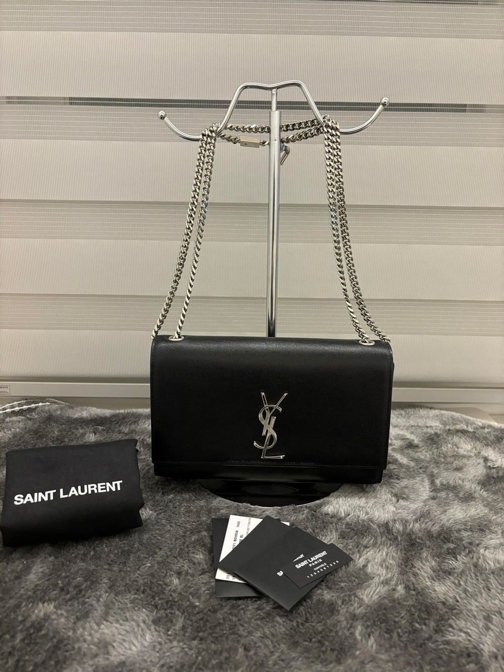 Saint Laurent Black Leather Monogram Chain Shoulder Bag with Silver Hardware